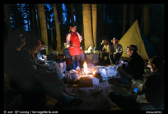 Dinner around night campfire, Le Conte Canyon. Kings Canyon National Park, California