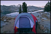 Tent and lake, dawn, Dusy Basin. Kings Canyon National Park, California
