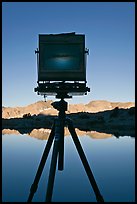 Large format camera with inverted image of mountain landscape on ground glass, Dusy Basin. Kings Canyon National Park, California ( color)