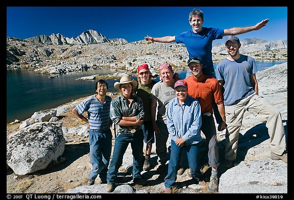 Hiking group posing in Dusy basin. Kings Canyon National Park, California