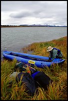 Canoeist unloading the canoe on a grassy riverbank. Kobuk Valley National Park, Alaska ( color)