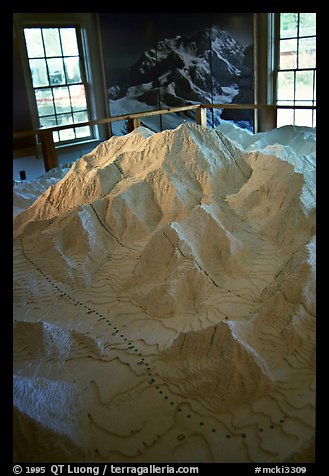 Model of Mt McKinley in the museum of Artic Adventure with West Face routes. Alaska