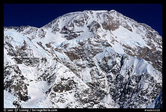 The mighty West face of Mc Kinley. The West Buttress is the ridge on the left on the skyline, the Cassin the ridge on the right. Denali, Alaska