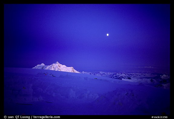 Midnight alpenglow on Mt Hunter, seen from the 14300ft on Mc Kinley. Denali, Alaska (color)