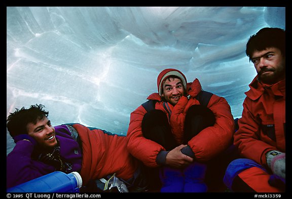 Climbers inside an igloo. Denali, Alaska