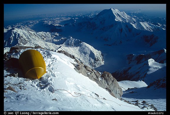 Being late on my schedule, due to the unexpected effect of altitude, I am lucky to find a ledge large enough for my Stephenson tent. Denali, Alaska