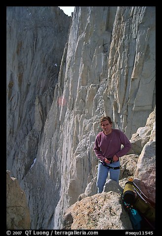 Man gearing up to climb  East face of Mt Whitney. California