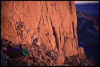 Climbers on a bivy ledge in the East face of Mt Whitney. Sequoia National Park, California (color)