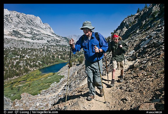 Father and son on trail above Long Lake, John Muir Wilderness. Kings Canyon National Park, California (color)