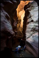 Woman wades in chest deep water of flooded slot canyon, Pine Creek Canyon. Zion National Park, Utah ( color)