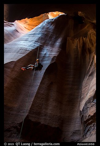 Free rappel inside huge chamber, Pine Creek Canyon. Zion National Park, Utah (color)