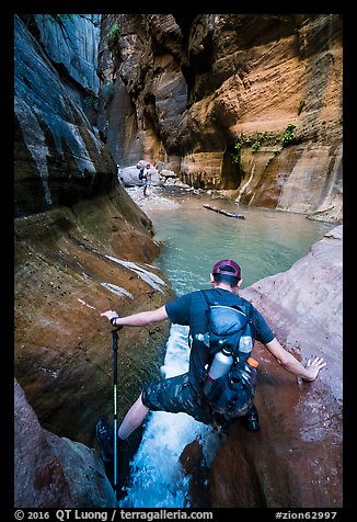 Hiker straddling stream in Orderville Canyon. Zion National Park (color)