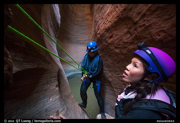 Women canyoneering in Keyhole Canyon. Zion National Park (color)