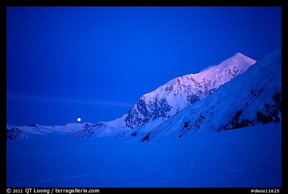 Mt Foraker and moon at twilight. Denali National Park, Alaska, USA.