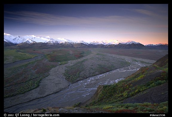 Wide valley with braided rivers and Alaska Range at sunrise from Polychrome Pass. Denali National Park (color)