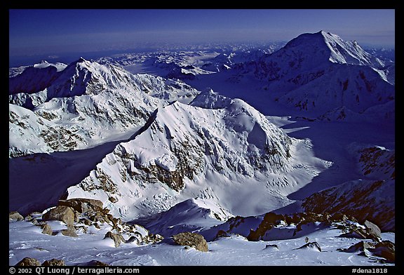 Kahilna peaks and Mt Foraker seen from 16000ft on Mt Mc Kinley. Denali National Park, Alaska, USA.