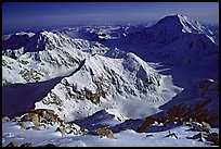 Kahilna peaks and Mt Foraker seen from 16000ft on Mt Mc Kinley. Denali National Park, Alaska, USA. (color)