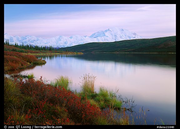 Wonder Lake and Mt McKinley at dusk. Denali National Park, Alaska, USA.