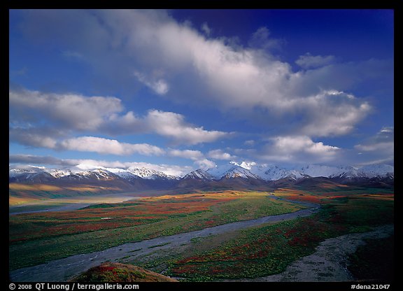 Wide braided rivers, Alaska Range, and clouds, late afternoon. Denali National Park (color)