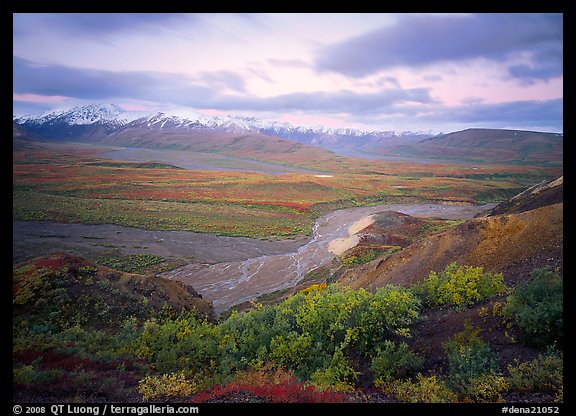 Tundra and braided rivers from Polychrome Pass, afternoon. Denali National Park (color)