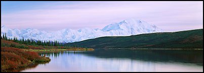 Pastel landscape with Mount McKinley reflected in lake. Denali National Park, Alaska, USA.