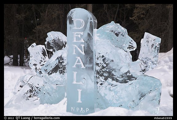 Ice sculpture with woman and bear. Denali National Park (color)