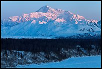 First light on Denali in winter. Denali National Park, Alaska, USA.