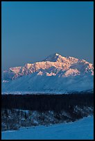 Mt McKinley under clear winter sky at sunrise. Denali National Park, Alaska, USA.