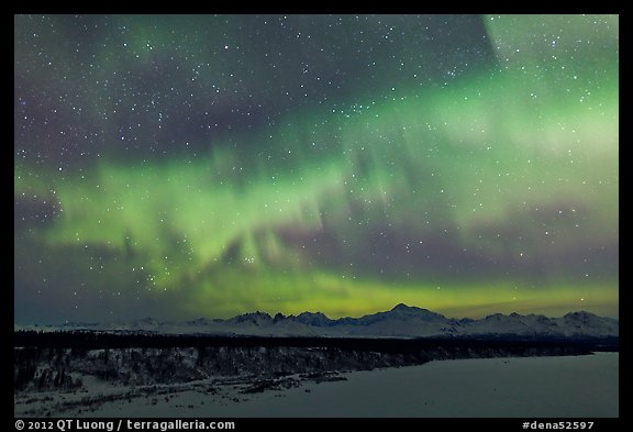 Aurora and stars above Alaska range. Denali National Park (color)