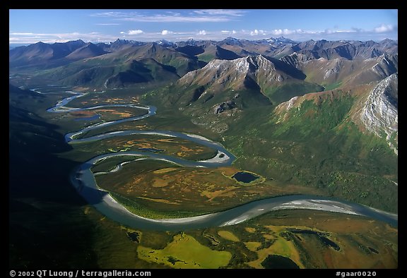 Aerial view of meandering Alatna river in mountain valley. Gates of the Arctic National Park (color)