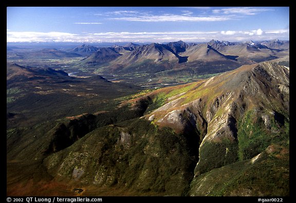 Aerial view of mountains with meandering Alatna river in the distance. Gates of the Arctic National Park (color)