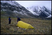 Backpackers camp at the base of the Arrigetch Peaks. Gates of the Arctic National Park, Alaska