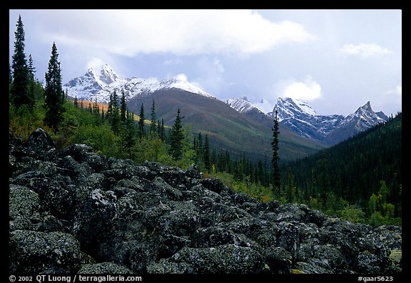 Arrigetch Peaks from boulder field in Arrigetch Creek. Gates of the Arctic National Park, Alaska, USA.