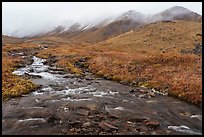 Creek flowing below peaks with fresh snow. Gates of the Arctic National Park ( color)