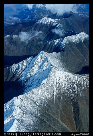 Aerial view of snowy peaks. Gates of the Arctic National Park, Alaska, USA.