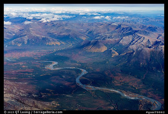 Aerial view of North Fork Koyukuk River in autumn. Gates of the Arctic National Park, Alaska, USA.