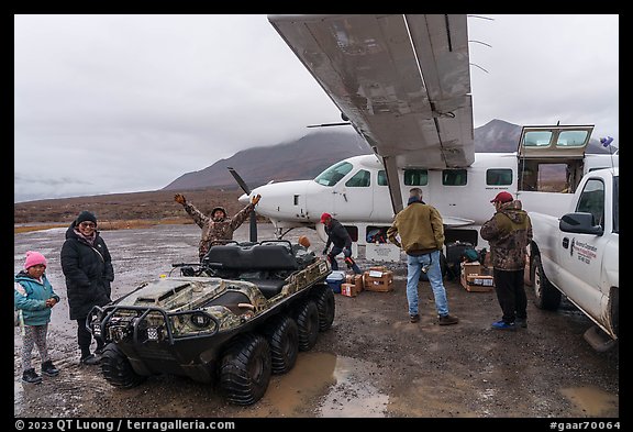 Flight arrival, Anaktuvuk Pass Airport. Gates of the Arctic National Park, Alaska, USA.