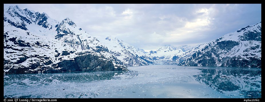 Fjord landscape with mountains and glaciers. Glacier Bay National Park, Alaska, USA.