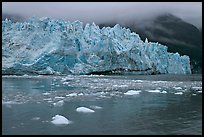 Icebergs and blue ice face of Margerie Glacier. Glacier Bay National Park, Alaska, USA.