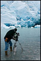 Cameraman standing in water with camera and tripod filming Reid Glacier. Glacier Bay National Park, Alaska, USA. (color)