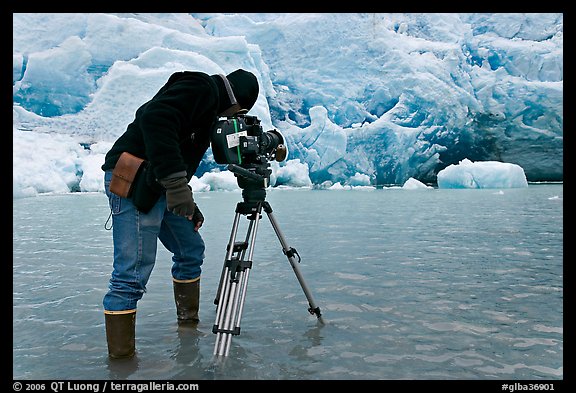 Cameraman standing in water at the base of Reid Glacier. Glacier Bay National Park, Alaska, USA.