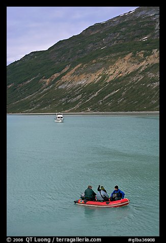 Skiff and tour boat in Reid Inlet. Glacier Bay National Park, Alaska, USA.