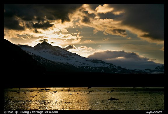 Mount Eliza and Tarr Inlet under clouds at sunset. Glacier Bay National Park, Alaska, USA.