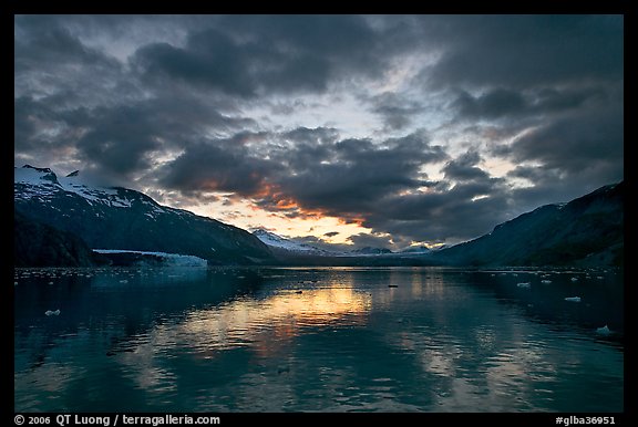 Mount Forde, Margerie Glacier, Mount Eliza, Grand Pacific Glacier, and Tarr Inlet, cloudy sunset. Glacier Bay National Park, Alaska, USA.