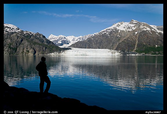 Man in silhouette looking at Tarr Inlet, Fairweather range and Margerie Glacier. Glacier Bay National Park, Alaska, USA.