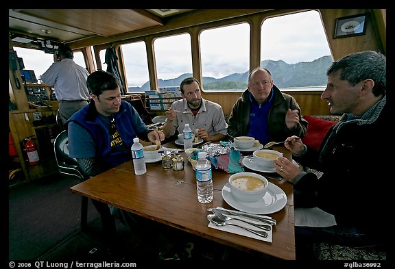 Passengers eating a soup for lunch. Glacier Bay National Park, Alaska, USA.