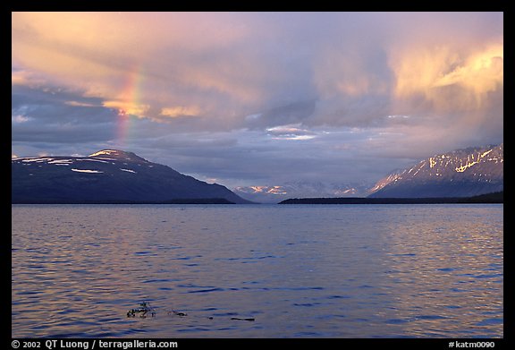 Sunset and rainbow, Naknek lake. Katmai National Park, Alaska, USA.