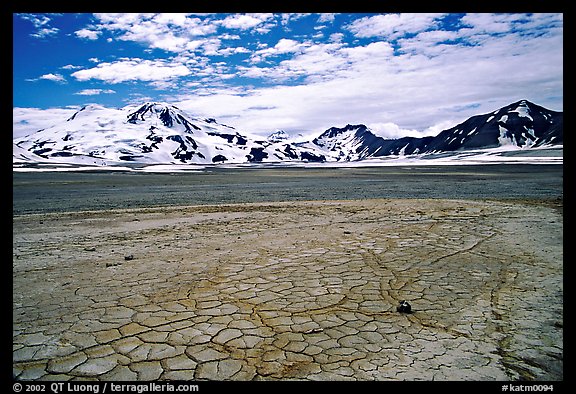 The desert-like floor of the Valley of Ten Thousand smokes is surrounded by snow-covered peaks such as Mt Meigeck. Katmai National Park