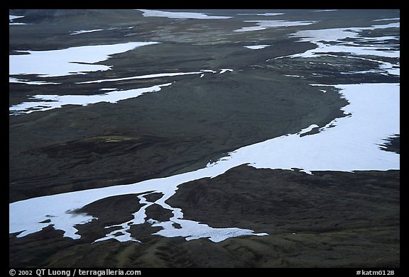 Patterns of melting snow, Valley of Ten Thousand smokes. Katmai National Park, Alaska, USA.