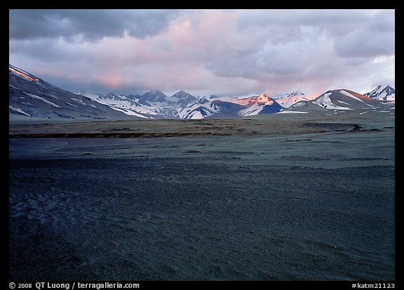 Ash plain, and mountains at sunset, Valley of Ten Thousand smokes. Katmai National Park (color)